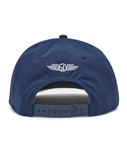 Pin High Rope Hat in Navy, back view featuring the Straight Down logo embroidered in white and a snapback closure