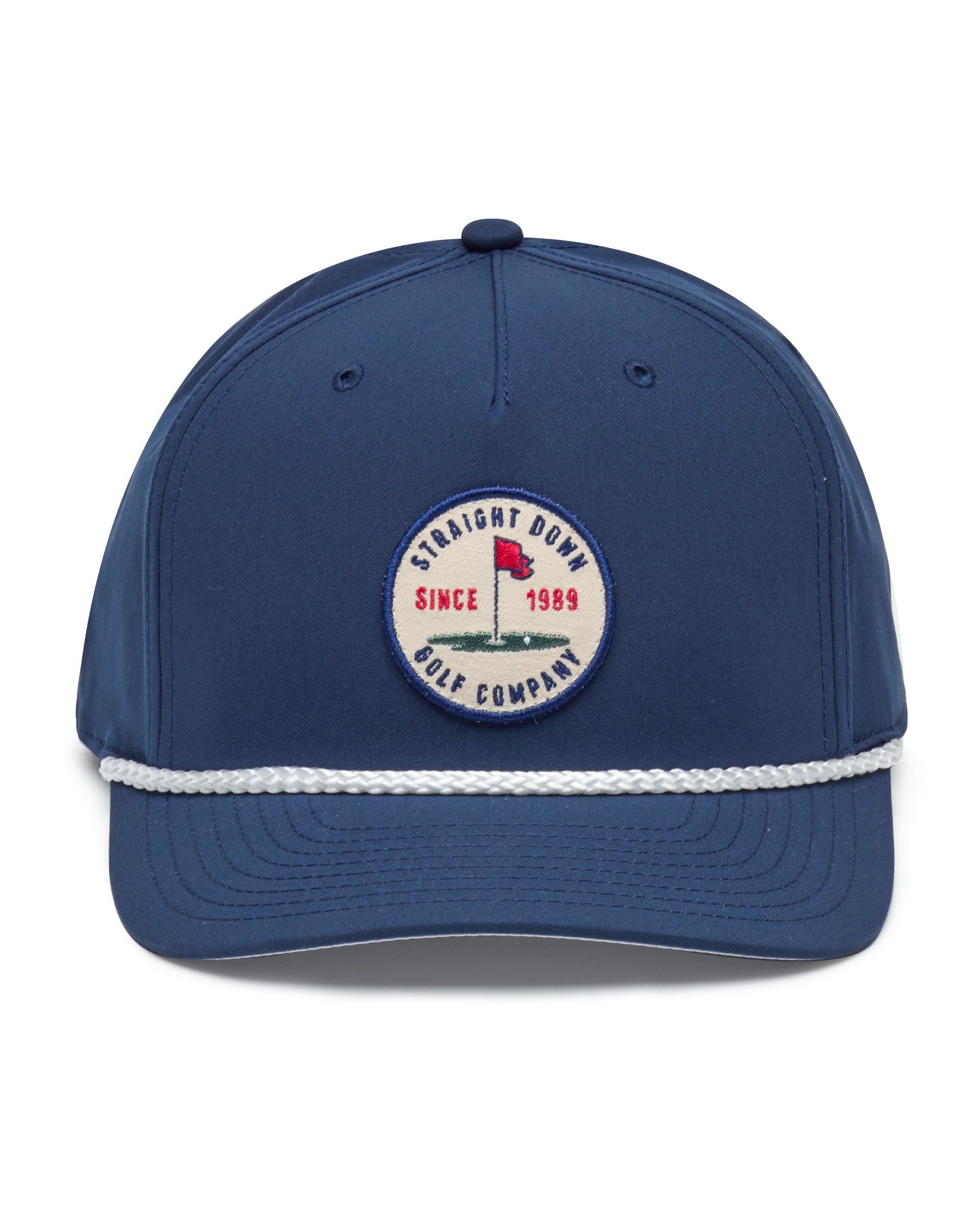 Pin High Rope Hat in Navy, front view featuring a Straight Down Golf Company circular patch depicting a golf hole with a red flag and 