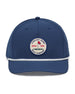 Pin High Rope Hat in Navy, front view featuring a Straight Down Golf Company circular patch depicting a golf hole with a red flag and "Since 1989" text, on a navy hat with a white rope brim detail