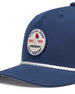 Pin High Rope Hat in Navy, close-up detail of the Straight Down Golf Company circular patch depicting a golf hole with a red flag and "Since 1989" text, with a white rope brim detail