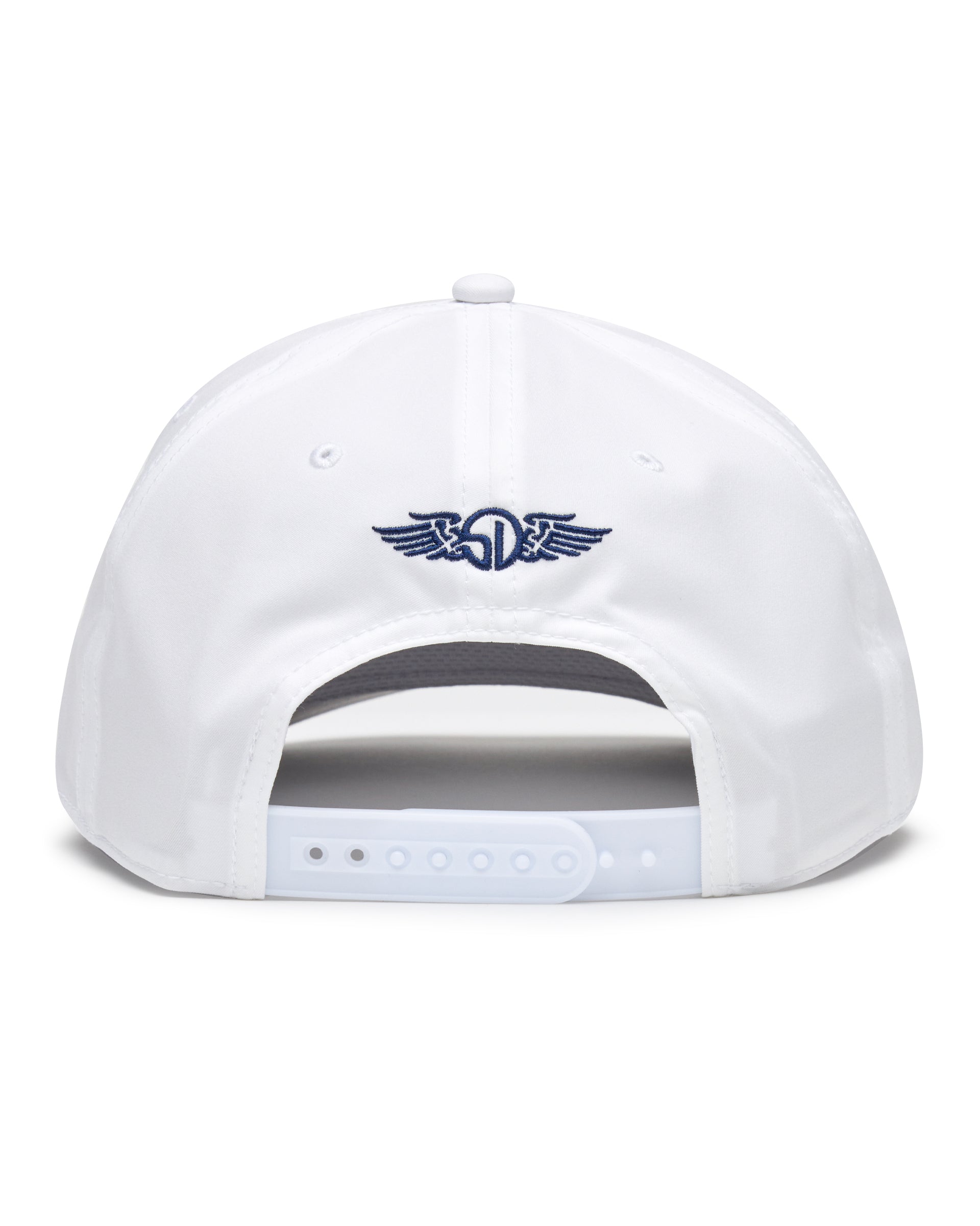 Pin High Rope Hat in White, back view featuring the Straight Down logo embroidered in navy and a snapback closure