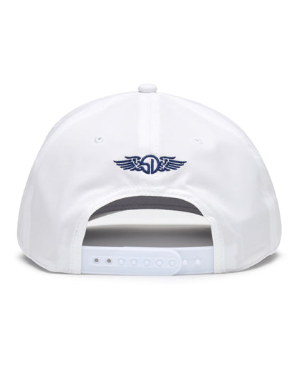 Pin High Rope Hat in White, back view featuring the Straight Down logo embroidered in navy and a snapback closure
