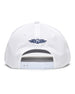 Pin High Rope Hat in White, back view featuring the Straight Down logo embroidered in navy and a snapback closure