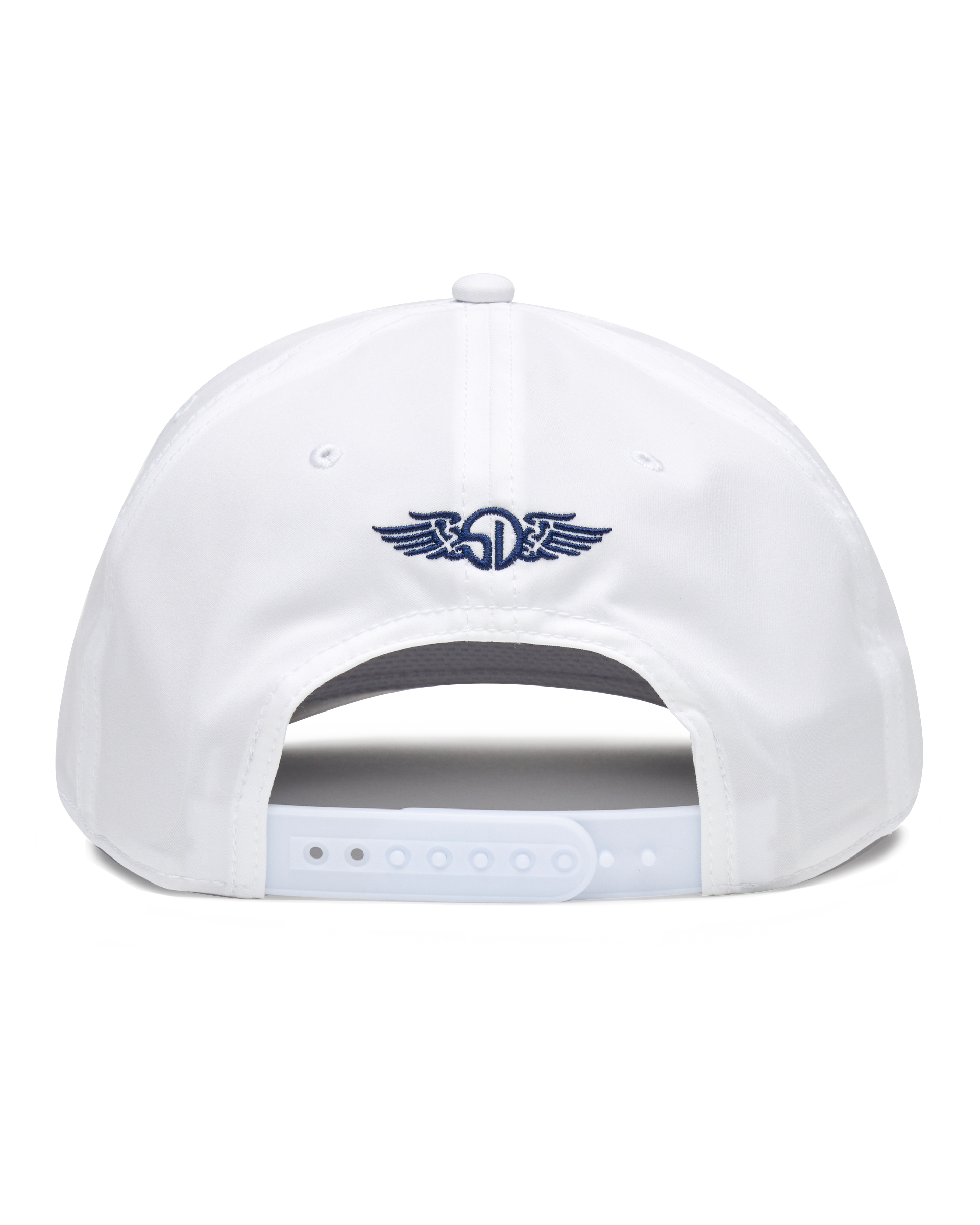 Pin High Rope Hat in White, back view featuring the Straight Down logo embroidered in navy and a snapback closure
