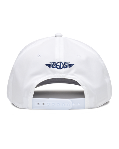 Pin High Rope Hat in White, back view featuring the Straight Down logo embroidered in navy and a snapback closure