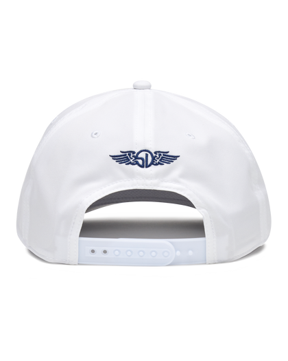 Pin High Rope Hat in White, back view featuring the Straight Down logo embroidered in navy and a snapback closure