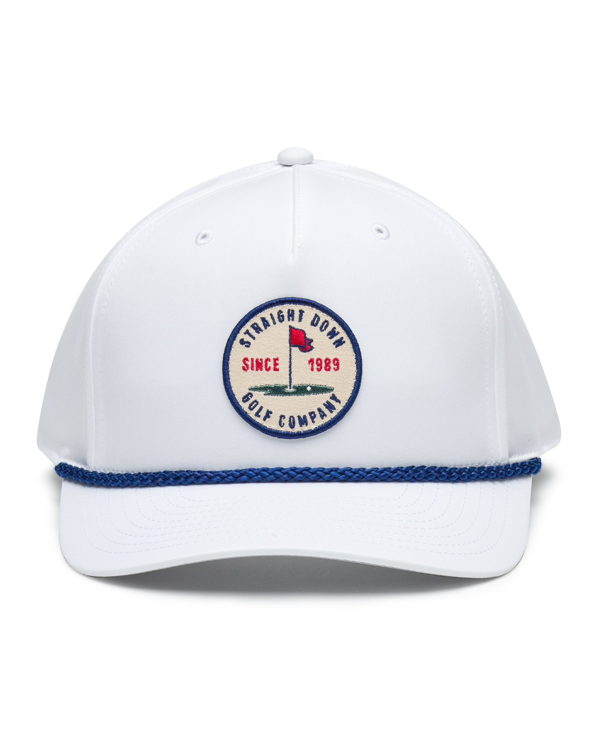 Pin High Rope Hat in White, front view featuring a Straight Down Golf Company circular patch depicting a golf hole with a red flag and 