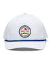 Pin High Rope Hat in White, front view featuring a Straight Down Golf Company circular patch depicting a golf hole with a red flag and "Since 1989" text, on a white hat with a blue rope brim detail