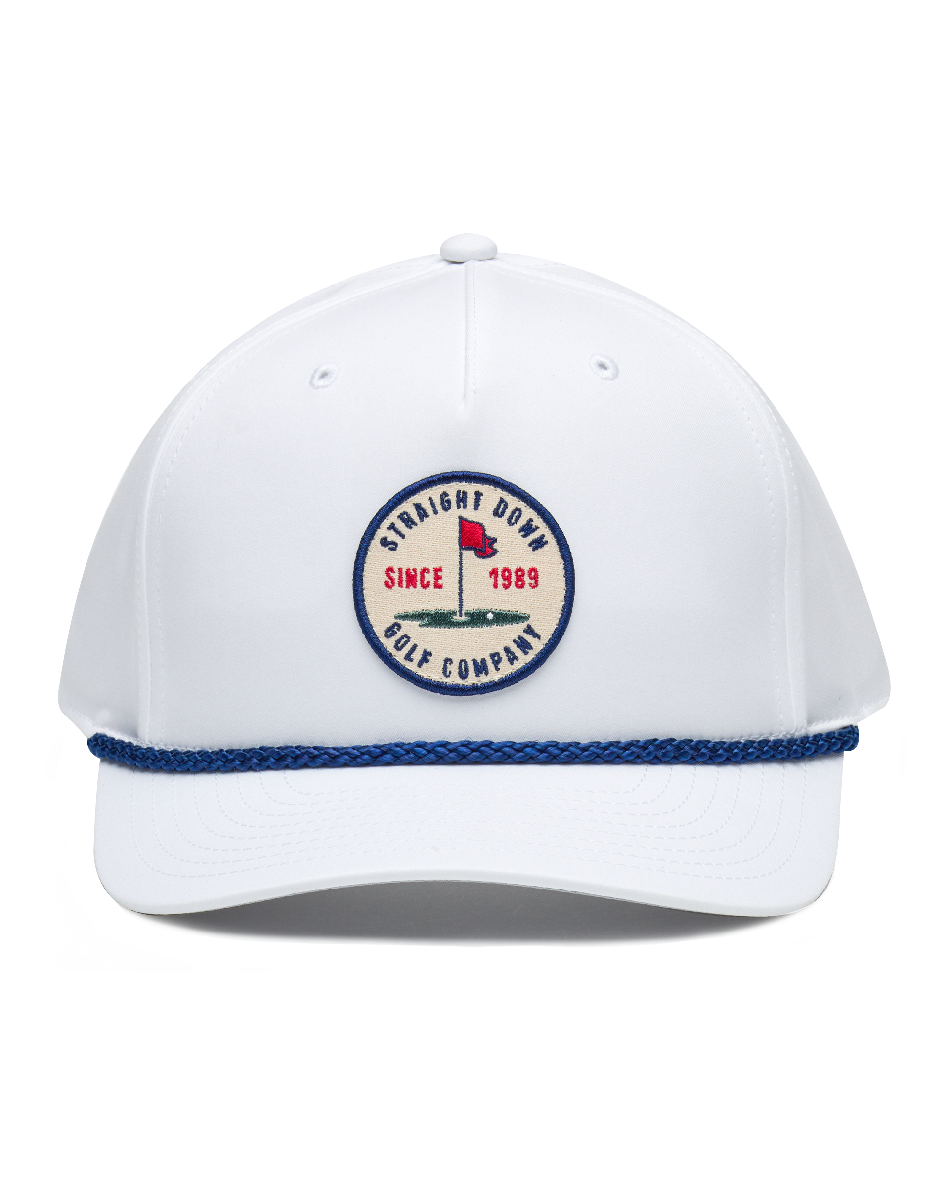 Pin High Rope Hat in White, front view featuring a Straight Down Golf Company circular patch depicting a golf hole with a red flag and 
