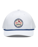 Pin High Rope Hat in White, front view featuring a Straight Down Golf Company circular patch depicting a golf hole with a red flag and "Since 1989" text, on a white hat with a blue rope brim detail