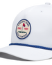 Pin High Rope Hat in White, close-up detail of the Straight Down Golf Company circular patch depicting a golf hole with a red flag and "Since 1989" text, with a blue rope brim detail
