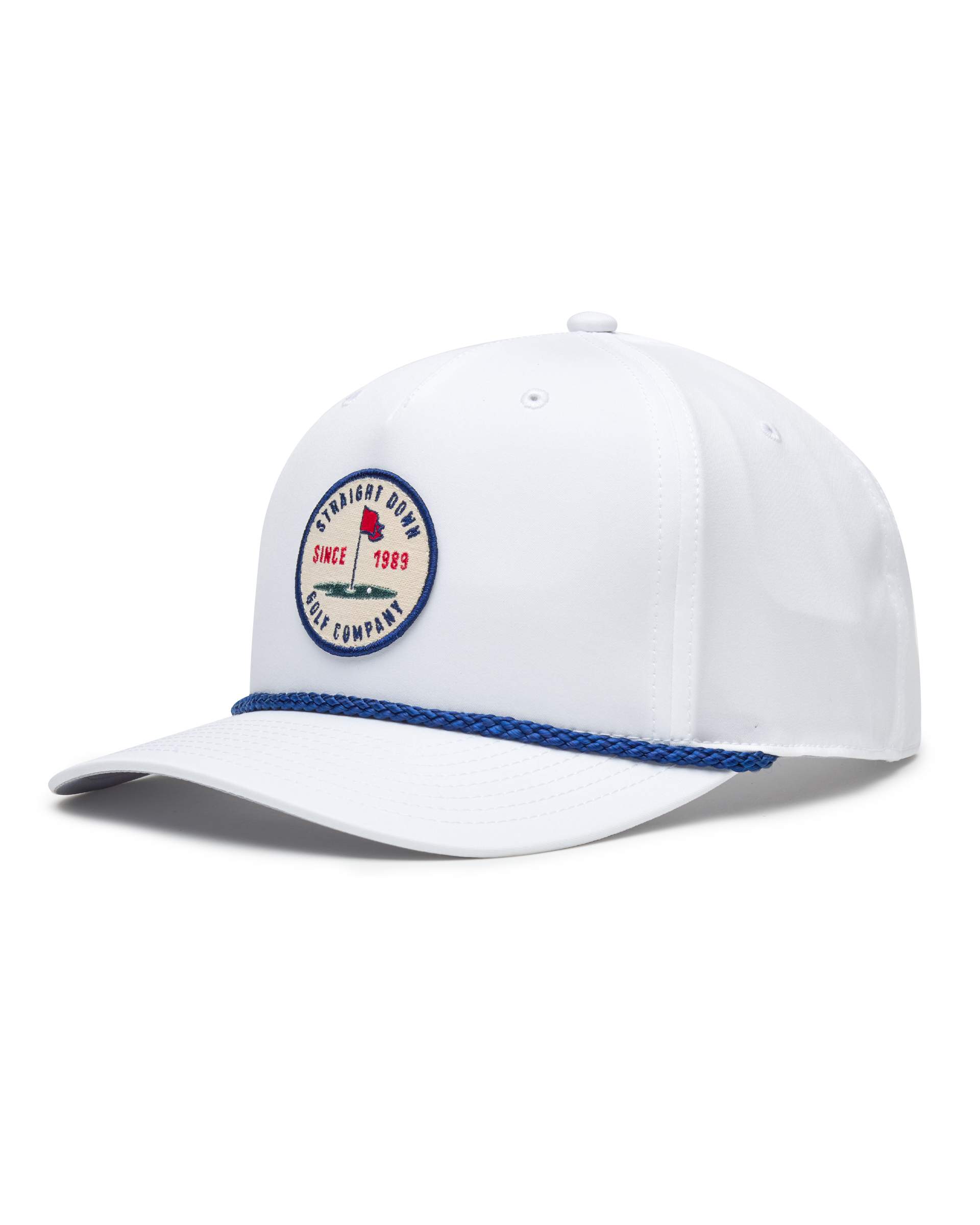 Men's Pin High Rope Hat in White, side view featuring a solid white hat with blue braided rope detail along the brim and a circular Straight Down Golf Company Since 1989 embroidered patch on the front panel