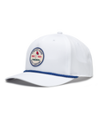 Men's Pin High Rope Hat in White, side view featuring a solid white hat with blue braided rope detail along the brim and a circular Straight Down Golf Company Since 1989 embroidered patch on the front panel