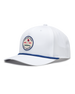 Men's Pin High Rope Hat in White, side view featuring a solid white hat with blue braided rope detail along the brim and a circular Straight Down Golf Company Since 1989 embroidered patch on the front panel