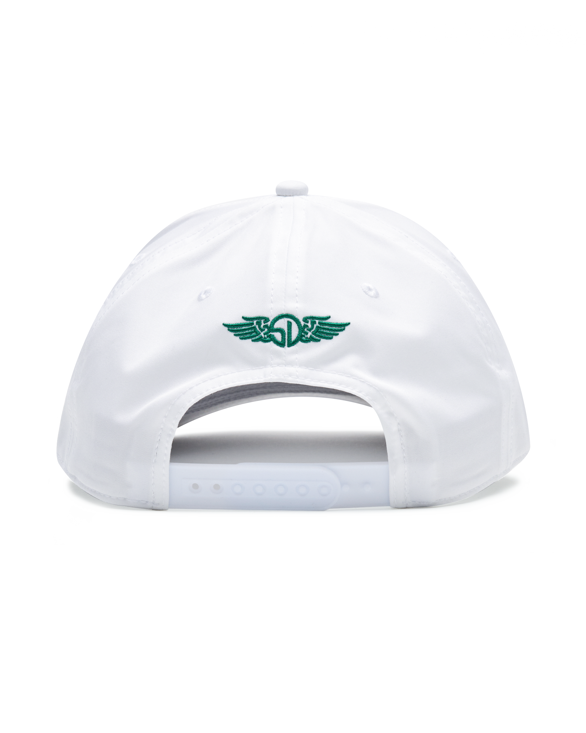 White baseball cap shown from the back, featuring the green embroidered Straight Down logo on the center back.