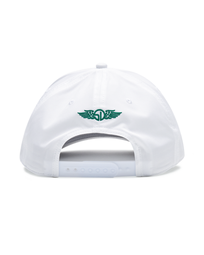 White baseball cap shown from the back, featuring the green embroidered Straight Down logo on the center back.