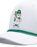 Close up of a white cap featuring a green braided trim along the edge of the brim and a small illustrated golf caddie gnome on the front.