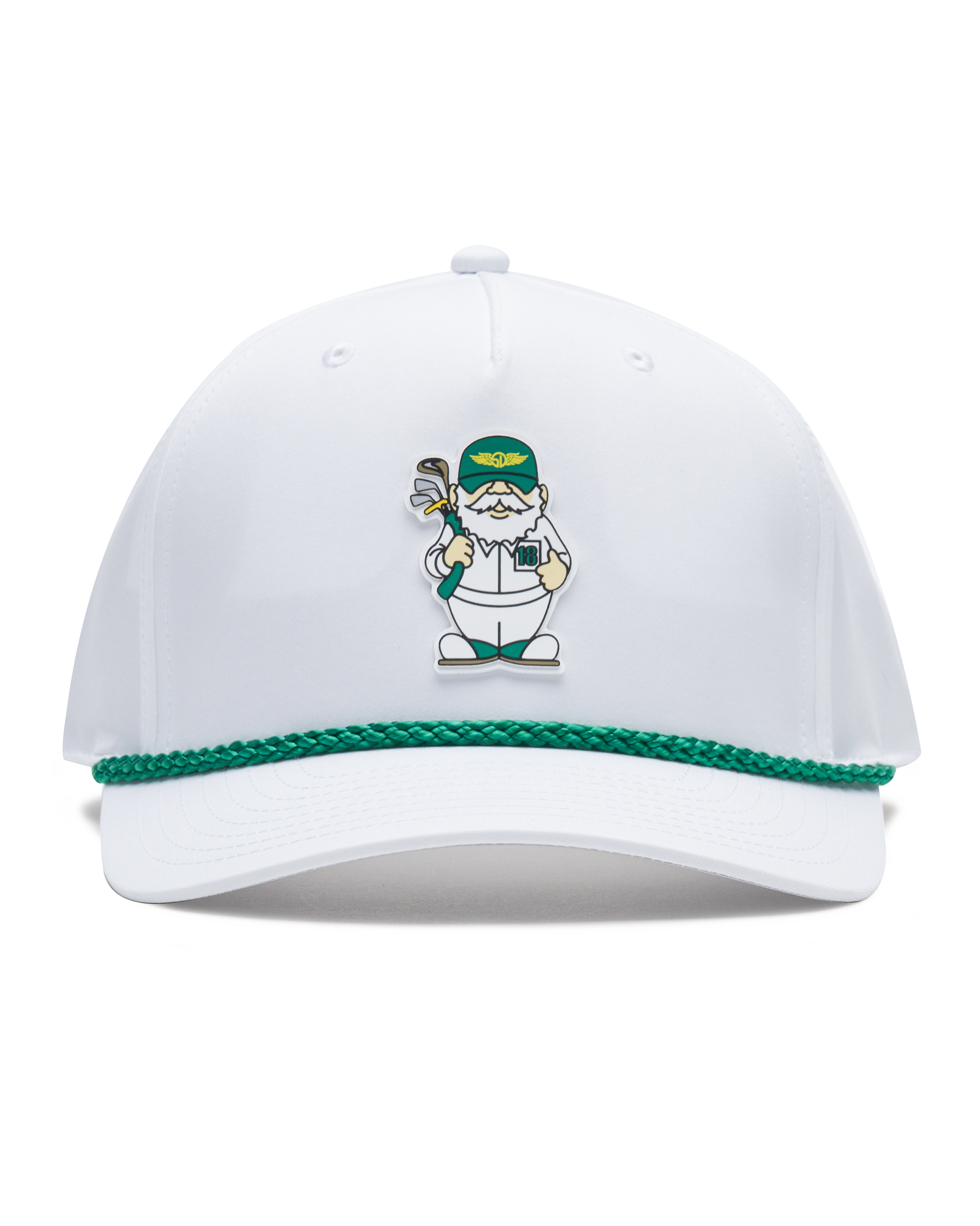 A white cap featuring a green braided trim along the edge of the brim and a small illustrated golf caddie gnome on the front.