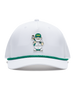A white cap featuring a green braided trim along the edge of the brim and a small illustrated golf caddie gnome on the front.