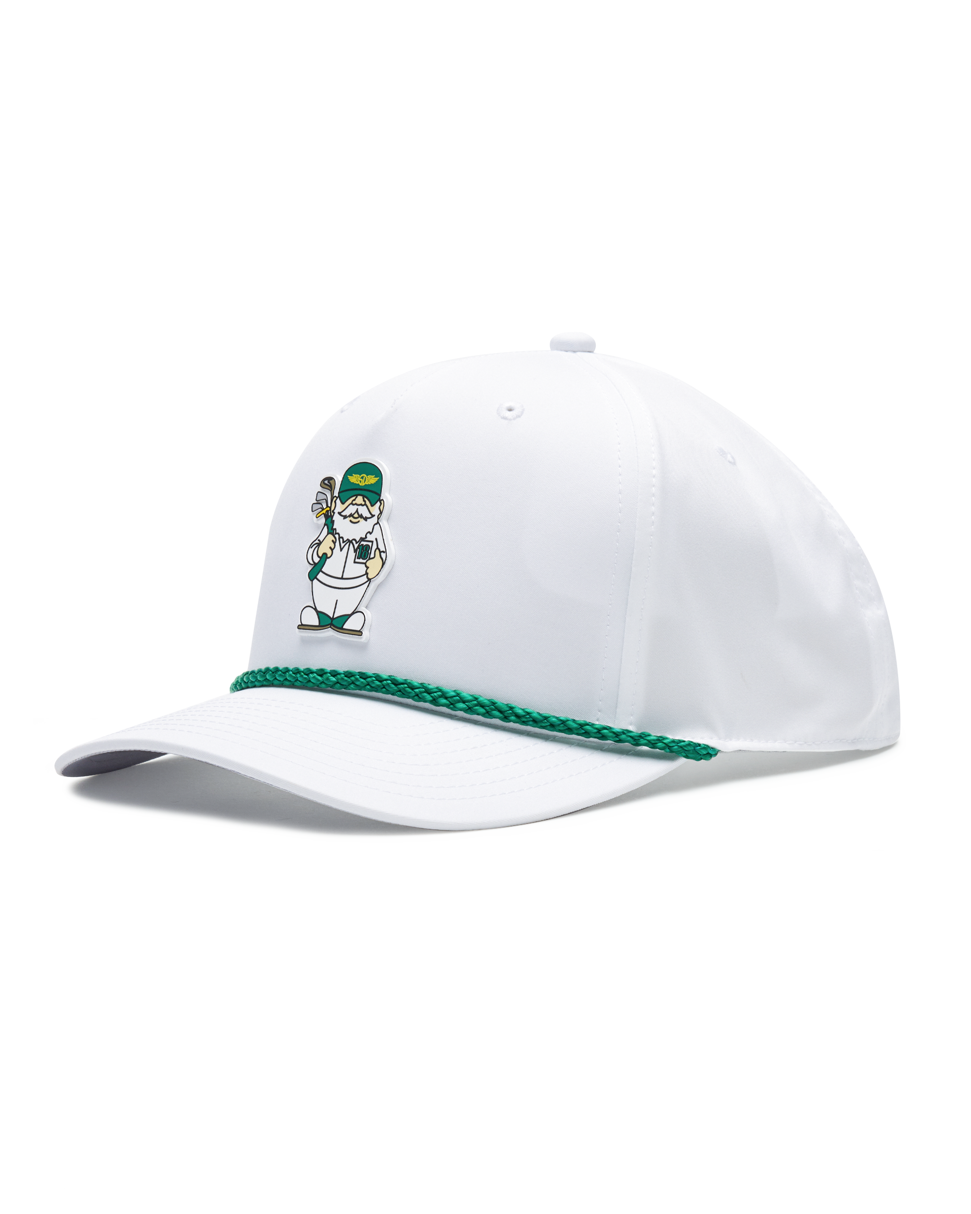 A white cap featuring a green braided trim along the edge of the brim and a small illustrated golf caddie gnome on the front.