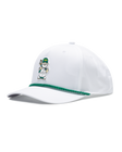 A white cap featuring a green braided trim along the edge of the brim and a small illustrated golf caddie gnome on the front.