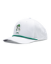 A white cap featuring a green braided trim along the edge of the brim and a small illustrated golf caddie gnome on the front.