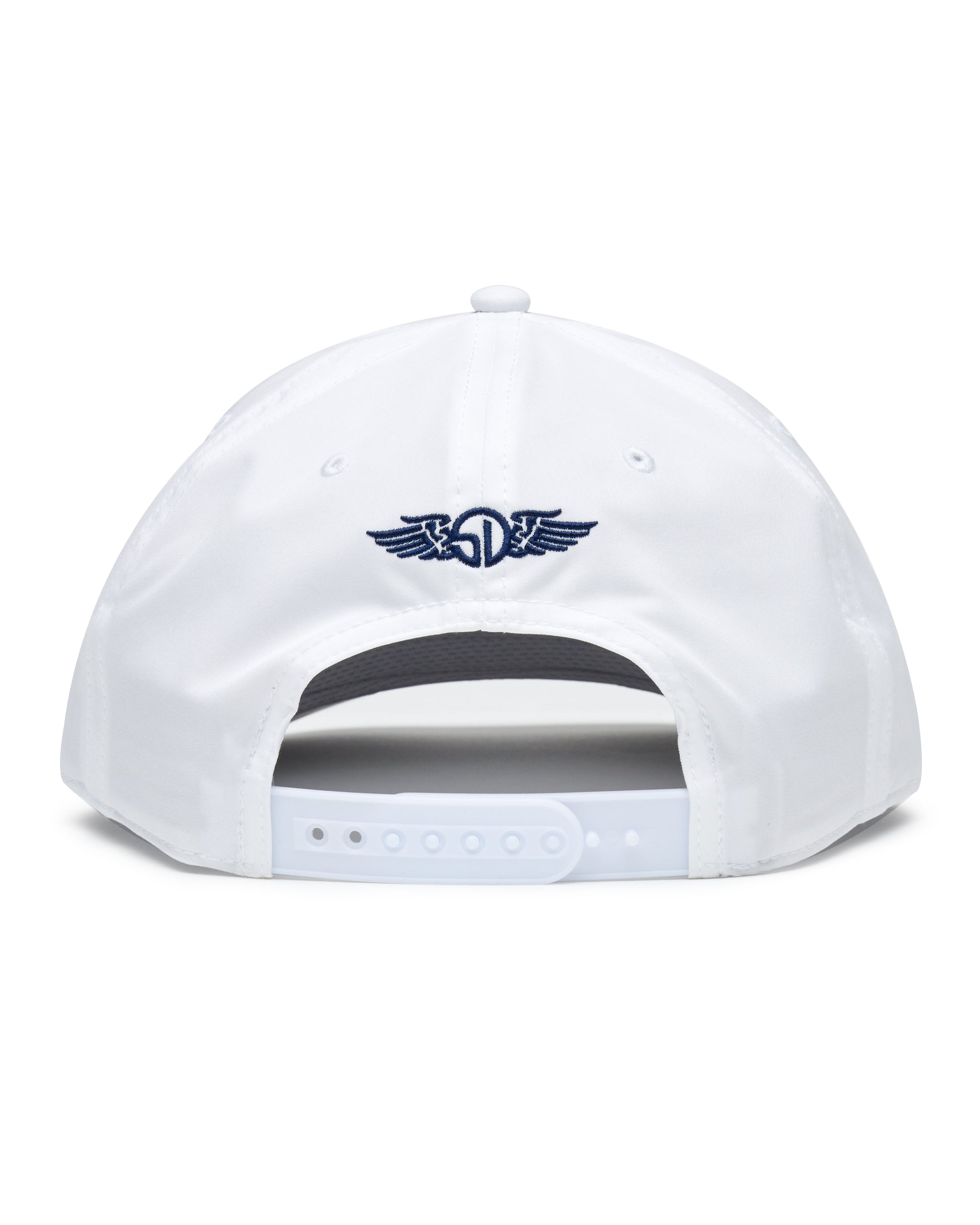 Gator Rope Hat in White, back view featuring the navy Straight Down winged logo embroidered at the back crown and white snapback closure