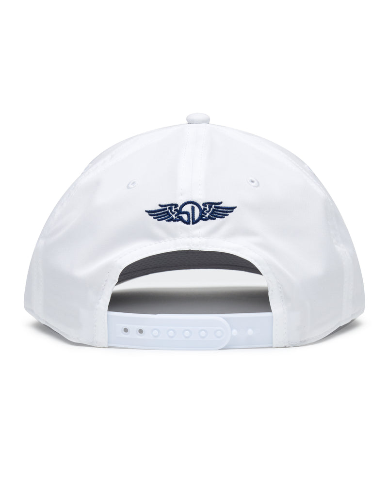 Gator Rope Hat in White, back view featuring the navy Straight Down winged logo embroidered at the back crown and white snapback closure