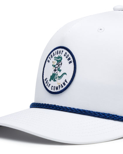 Gator Rope Hat in White, close-up front view highlighting the circular Straight Down Golf Company woven patch featuring a gator in a floral shirt holding a golf club, framed by a navy border with "Straight Down Golf Company" text, and navy rope brim detail
