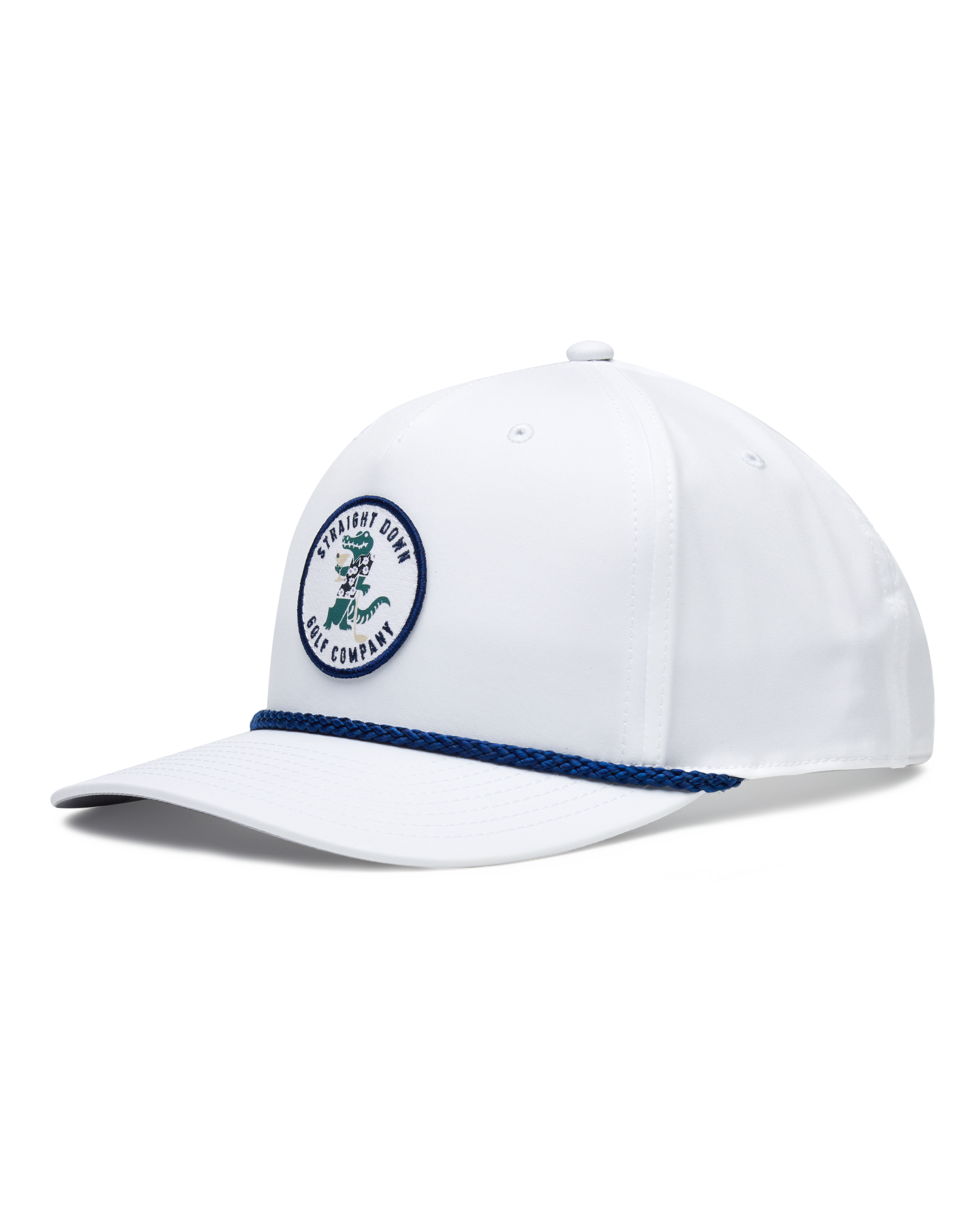 Gator Rope Hat in White, side view featuring a white snapback cap with the Straight Down Golf Company gator patch on the front and navy rope detail along the brim