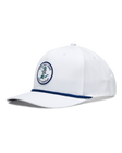 Gator Rope Hat in White, side view featuring a white snapback cap with the Straight Down Golf Company gator patch on the front and navy rope detail along the brim