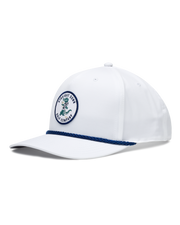 Gator Rope Hat in White, side view featuring a white snapback cap with the Straight Down Golf Company gator patch on the front and navy rope detail along the brim
