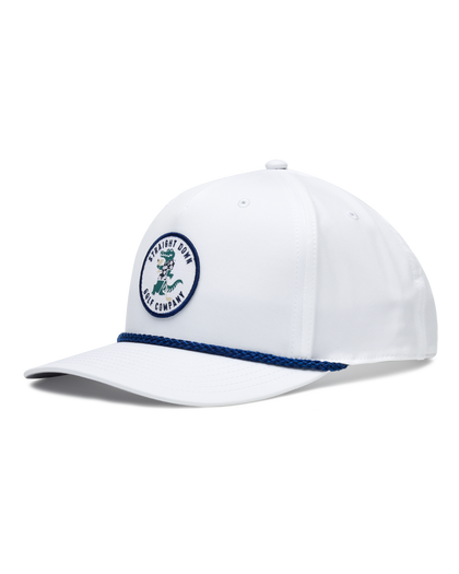 Gator Rope Hat in White, side view featuring a white snapback cap with the Straight Down Golf Company gator patch on the front and navy rope detail along the brim