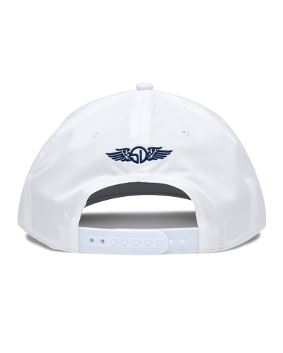 Gator Rope Hat in White, back view featuring the navy Straight Down winged logo embroidered at the back crown and white snapback closure