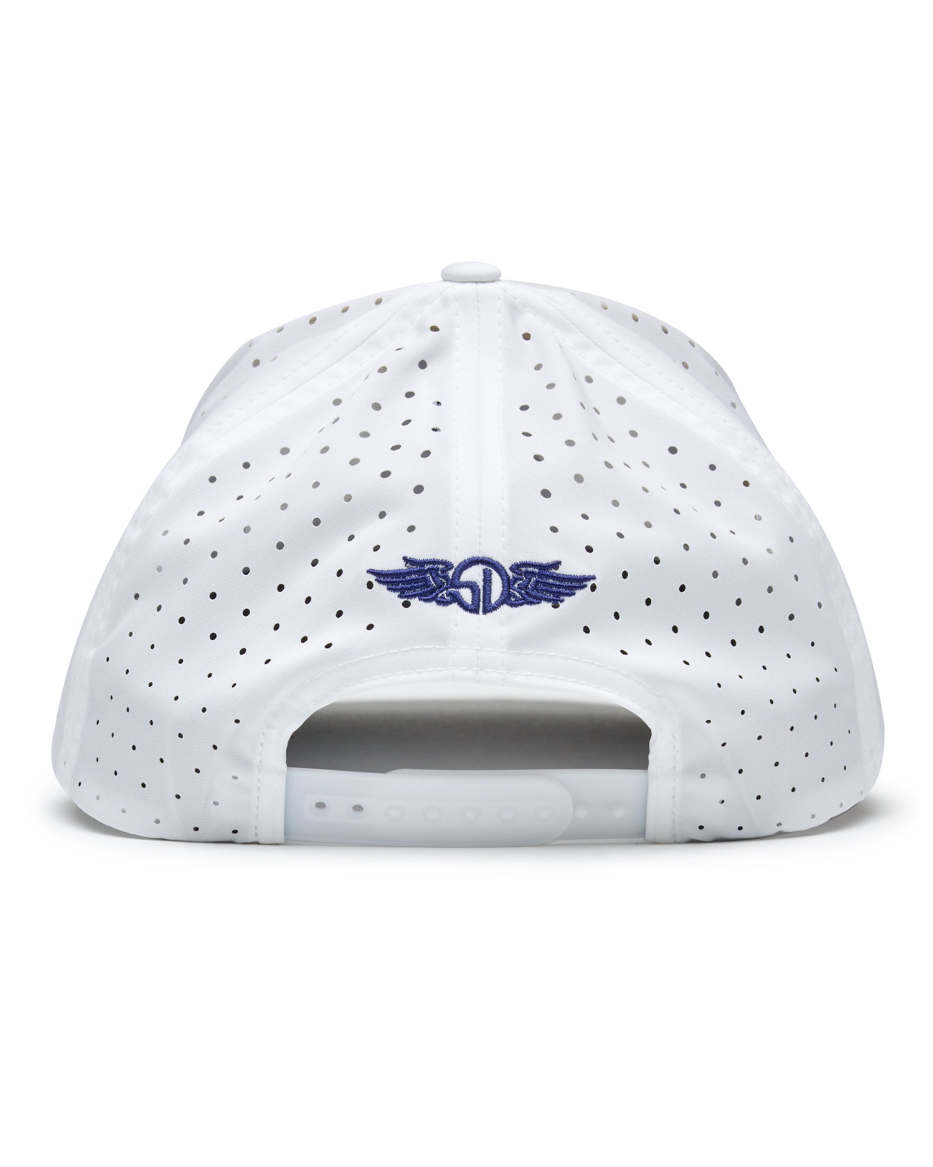 Back view of the Azalea Hat in White with perforated panels and adjustable snapback closure