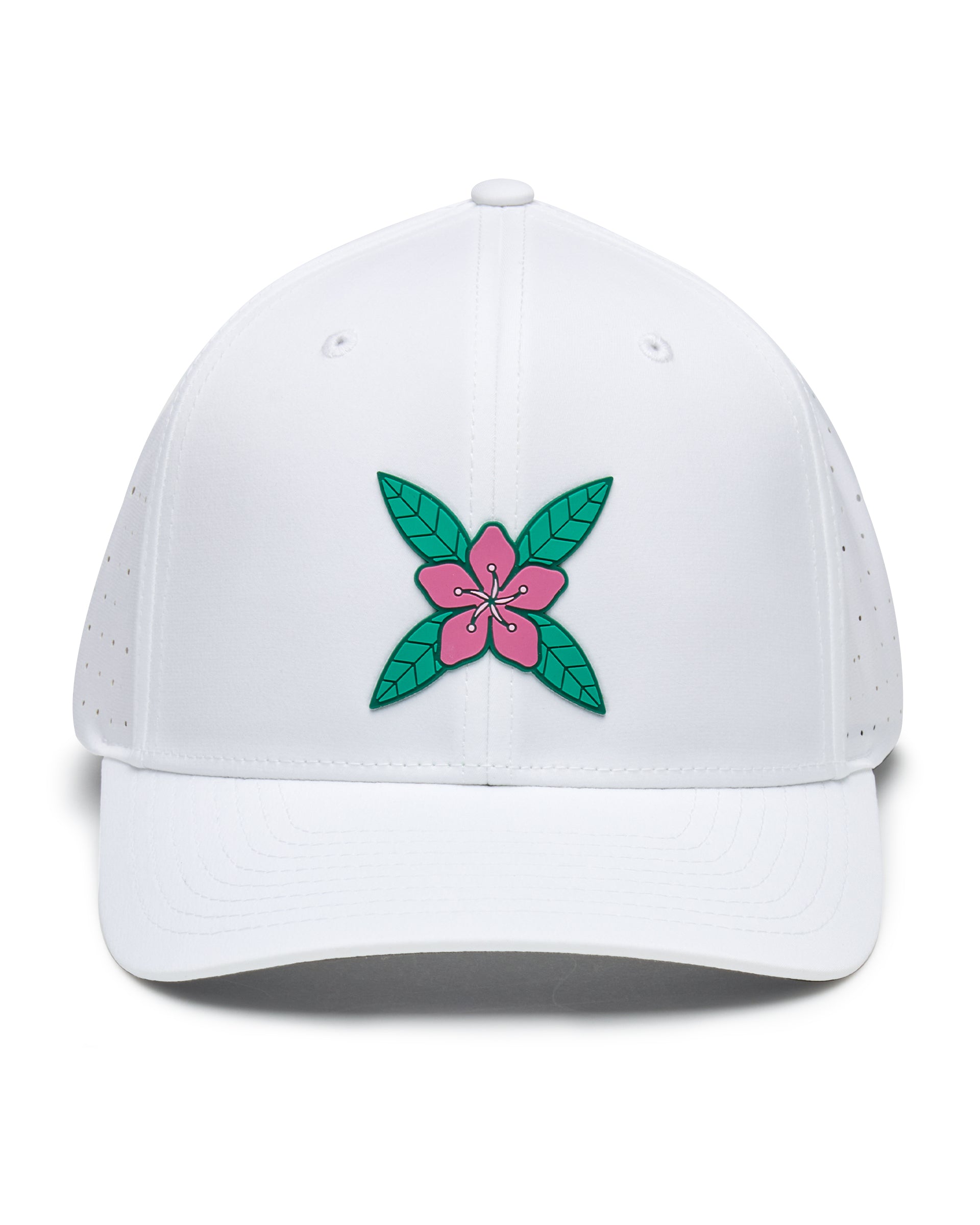 Front view of the Azalea Hat in White with pink azalea flower logo