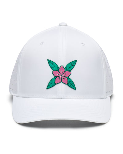 Front view of the Azalea Hat in White with pink azalea flower logo
