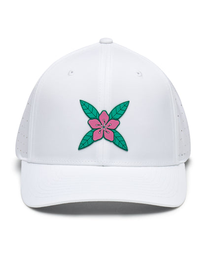 Front view of the Azalea Hat in White with pink azalea flower logo