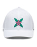 Front view of the Azalea Hat in White with pink azalea flower logo