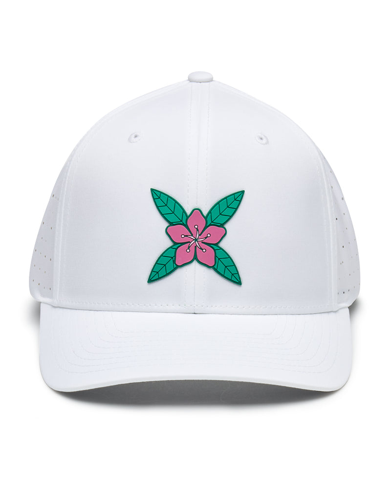 Front view of the Azalea Hat in White with pink azalea flower logo