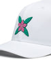 Close-up of the Azalea Hat in White featuring a pink azalea flower logo