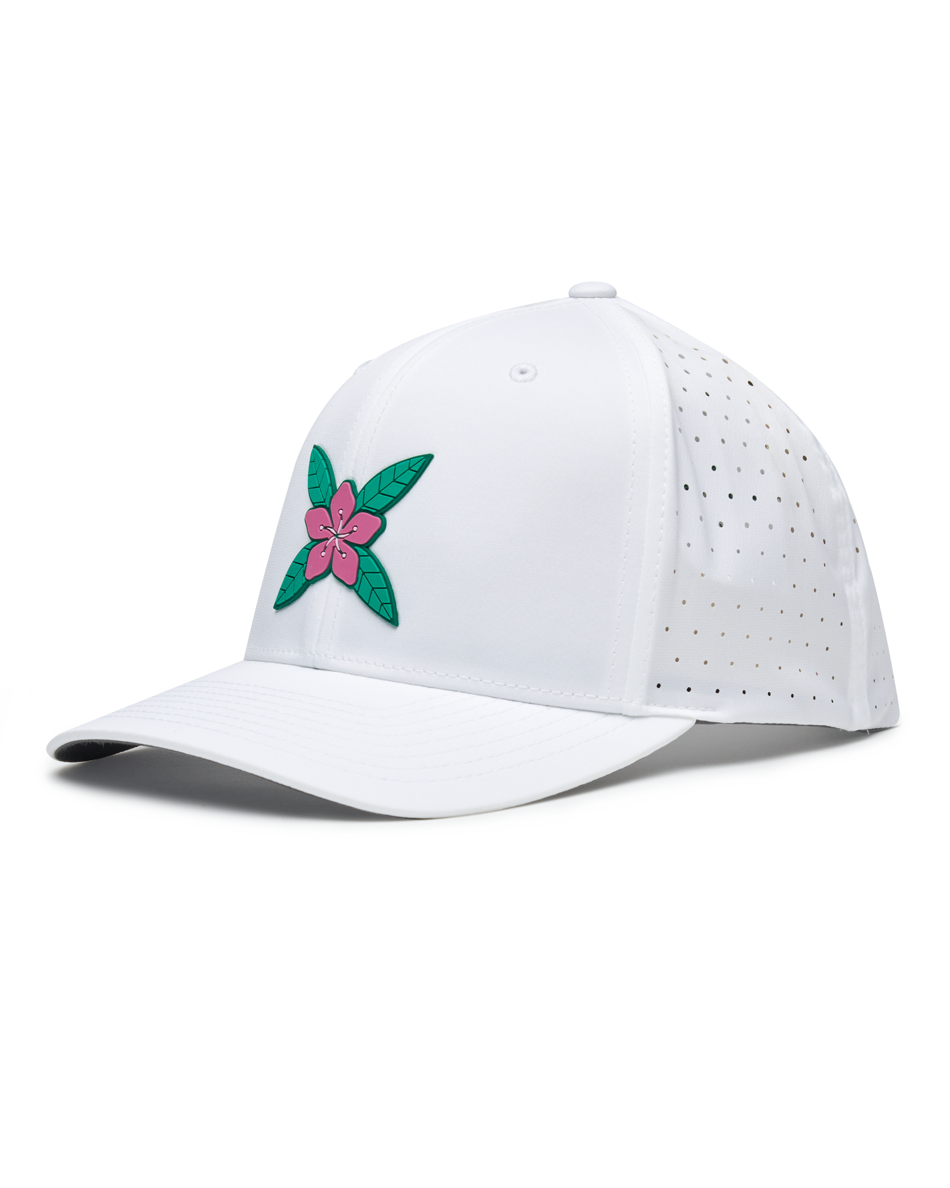 Azalea Hat in White featuring a pink azalea flower logo and perforated performance panels