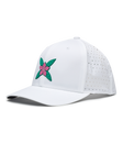 Azalea Hat in White featuring a pink azalea flower logo and perforated performance panels
