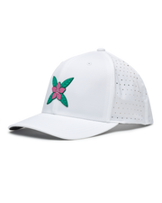 Azalea Hat in White featuring a pink azalea flower logo and perforated performance panels