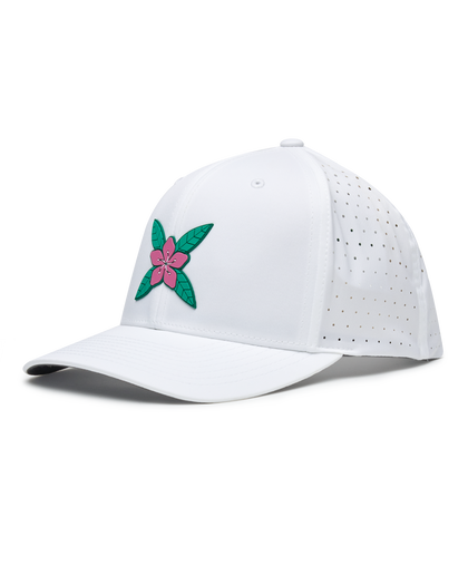 Azalea Hat in White featuring a pink azalea flower logo and perforated performance panels