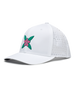Azalea Hat in White featuring a pink azalea flower logo and perforated performance panels