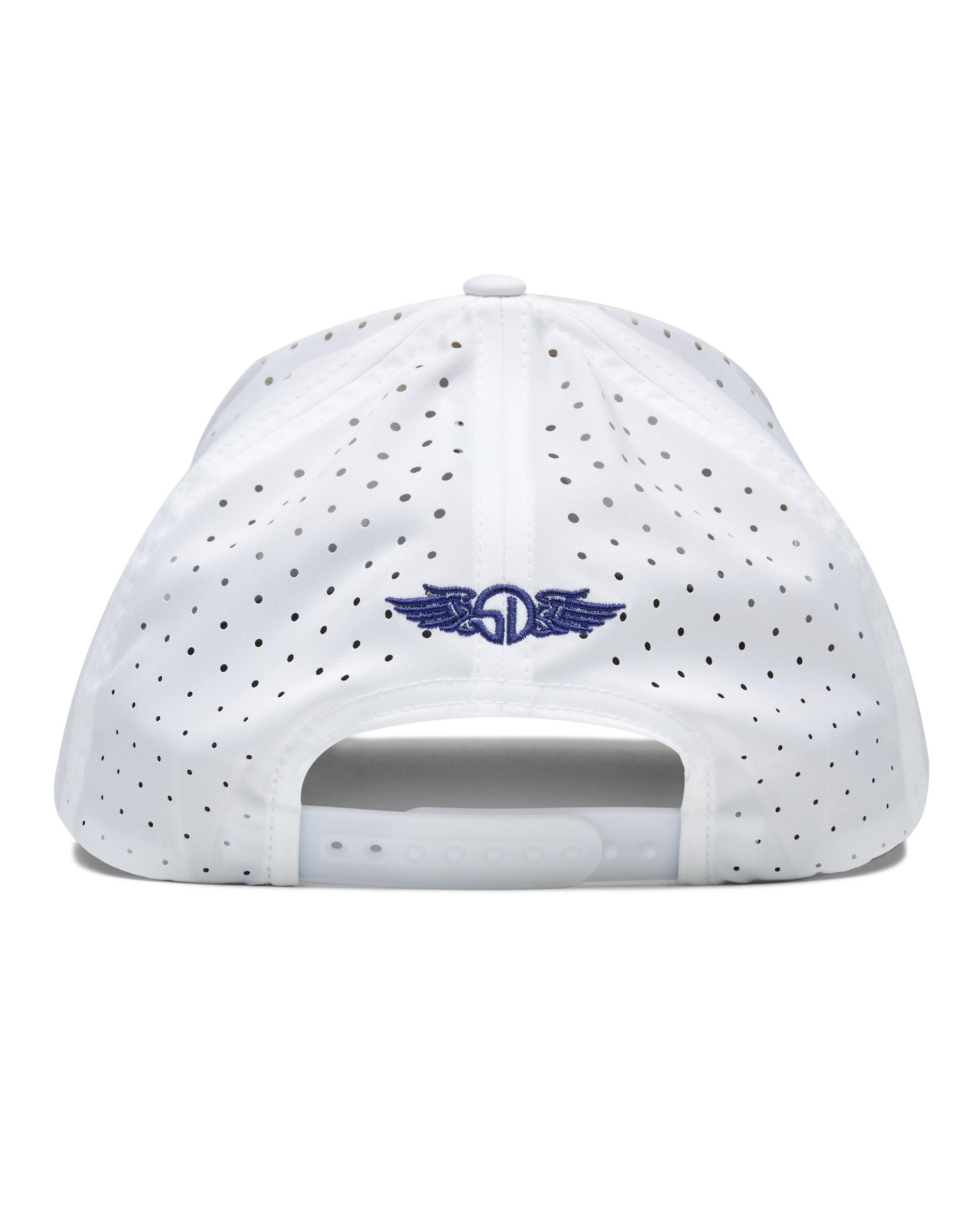 Back view of the Azalea Hat in White with perforated panels and adjustable snapback closure
