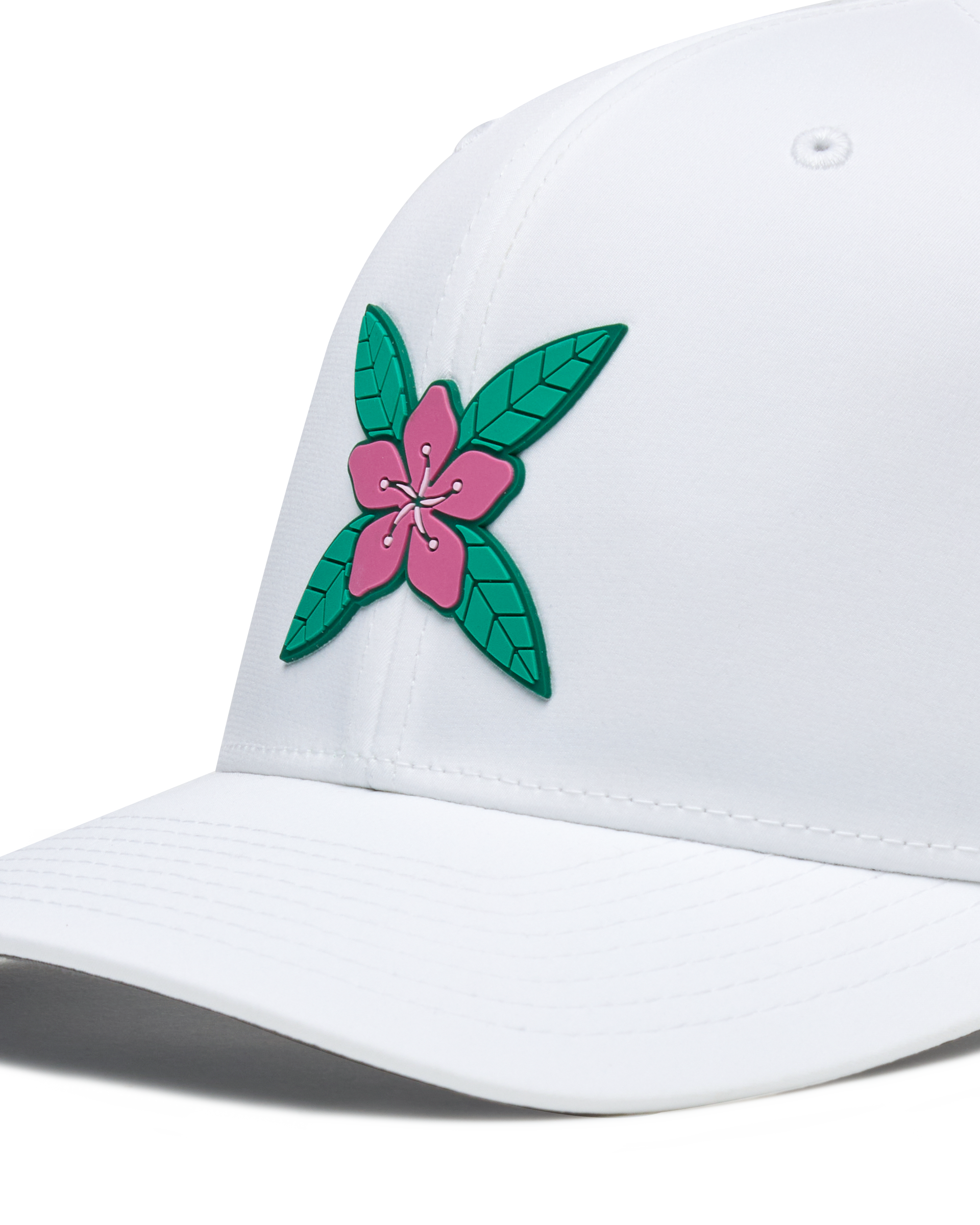 Close-up of the Azalea Hat in White featuring a pink azalea flower logo