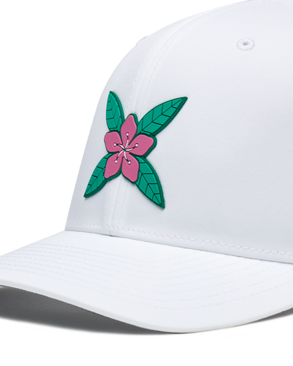 Close-up of the Azalea Hat in White featuring a pink azalea flower logo