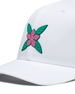 Close-up of the Azalea Hat in White featuring a pink azalea flower logo
